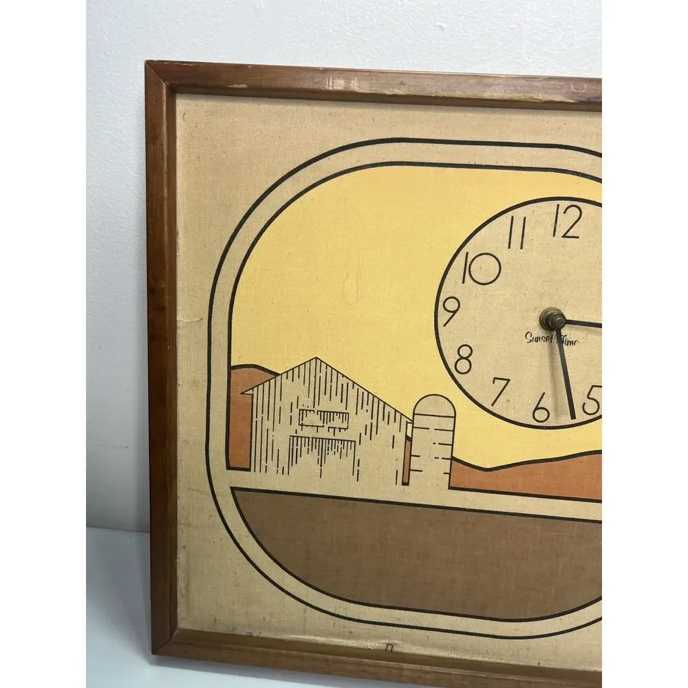 Vintage Mid-Century Modern “Sunset Time” Wall Clock Farm Scene Wood Frame
